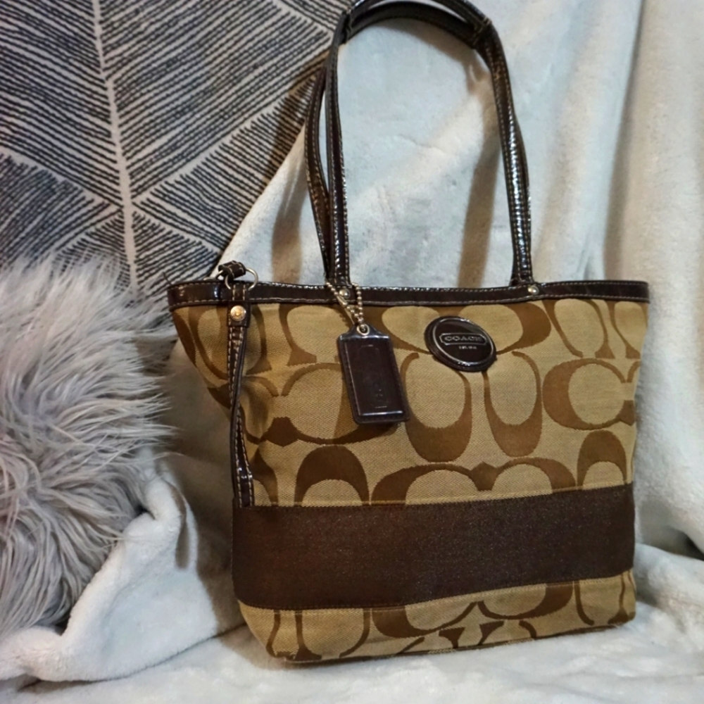 Coach Signature Jacquard Black Grey Santeen Stripe Tote Shoulder Bag F17433